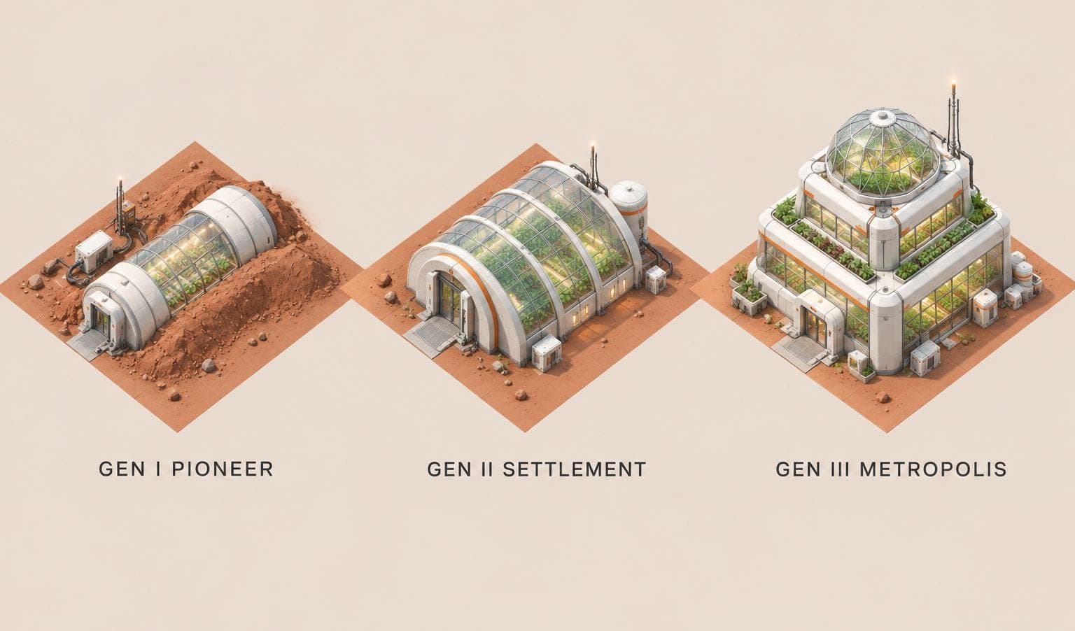 Concept art: the same greenhouse in its pioneer, settlement and metropolis generations