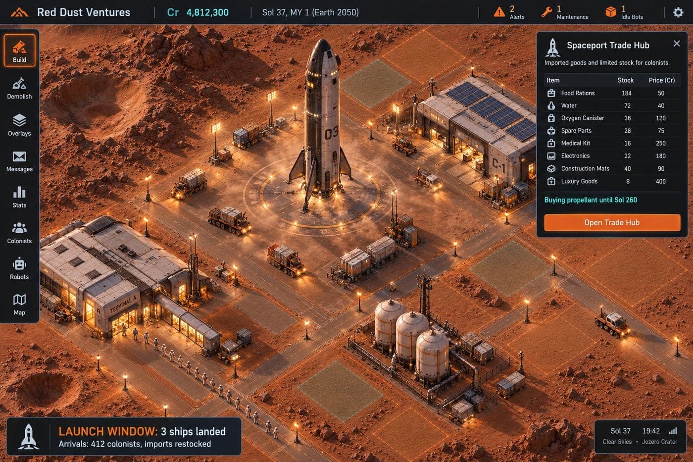 Concept art: three ships land during an Earth launch window